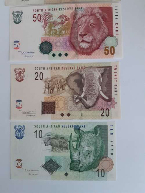 Set of R10, R20, R50 (UNC) and R100, R200 (used) 2nd issue Tito Mboweni South African Banknotes